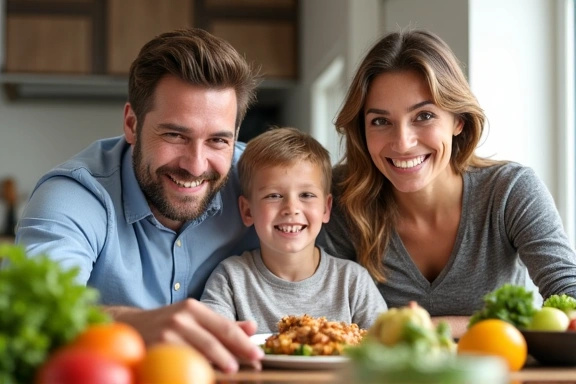 Familia feliz comiendo alimentos saludables