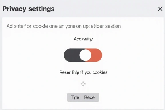 Ilustración de una interfaz de usuario con opciones de configuración de privacidad y botones para aceptar o rechazar cookies.