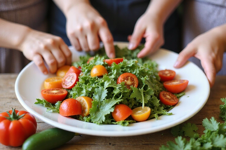 Manos de niños y adultos preparando una ensalada fresca con verduras de colores.