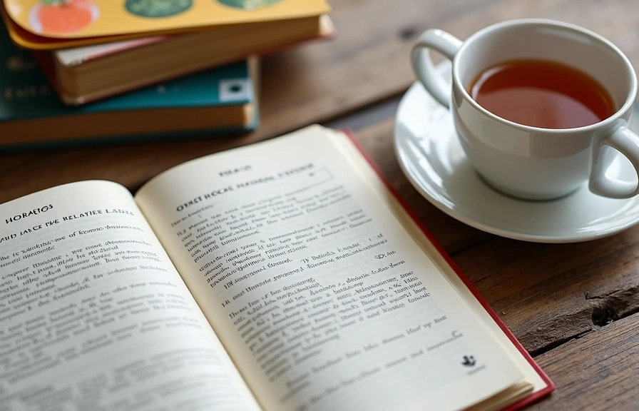 Mesa de centro con libros de nutrición, un cuaderno abierto y una taza de té, invitando a la lectura y el aprendizaje.