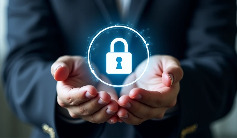 Manos protegiendo un dato digital con un icono de candado, simbolizando la protección de datos.