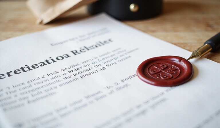 Un documento legal con un sello y una pluma, simbolizando la formalidad y el cumplimiento normativo.