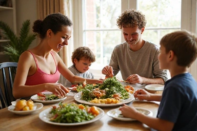 Familia comiendo una ensalada en la mesa