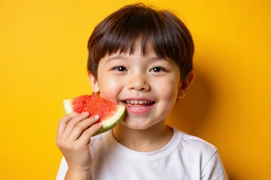 Niño feliz comiendo fruta