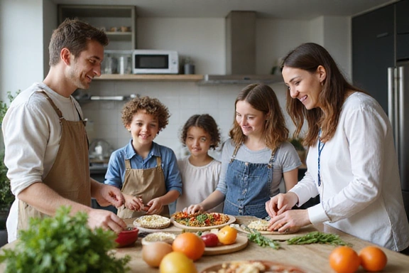 Familia feliz preparando comida saludable juntos en la cocina
